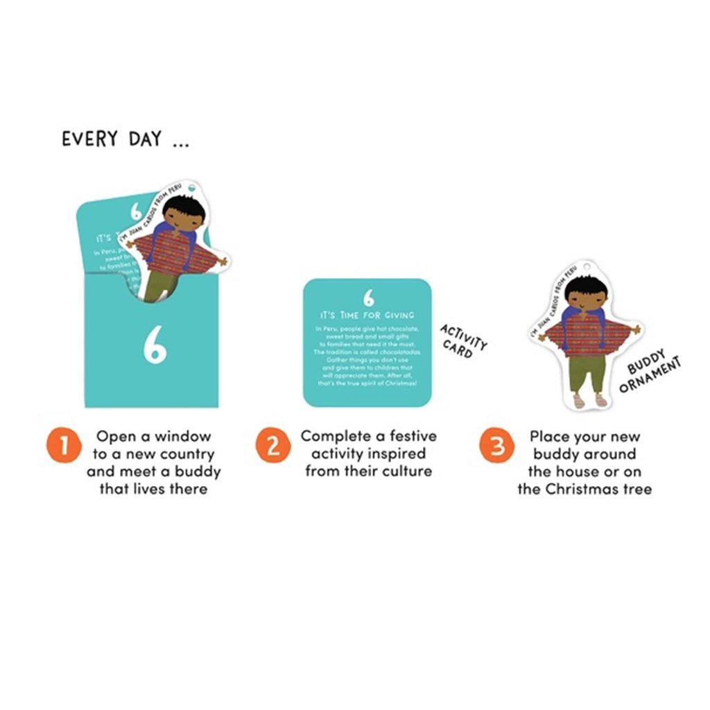 Illustration of a Christmas activity card with a child and text on a white background.