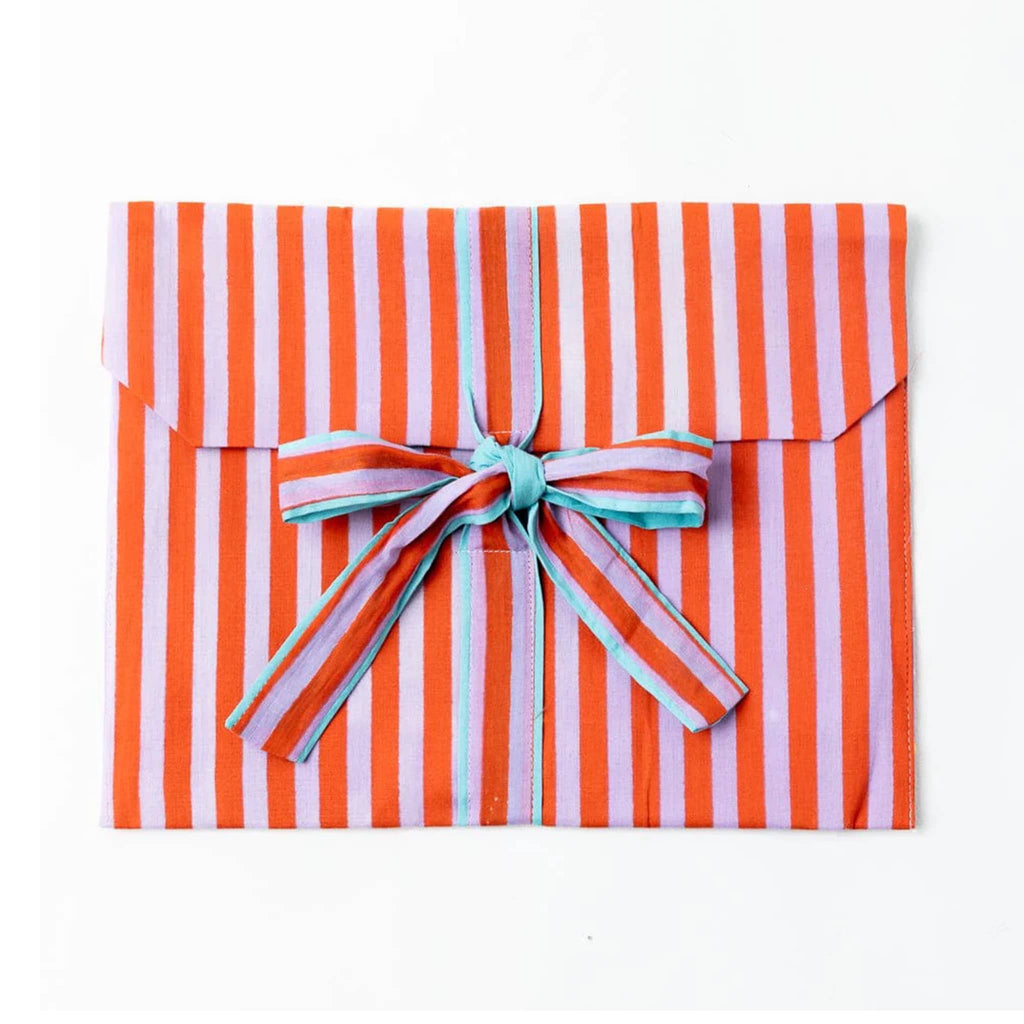 Red and lilac striped pajama set in matching fabric envelope packaging, on a white background.