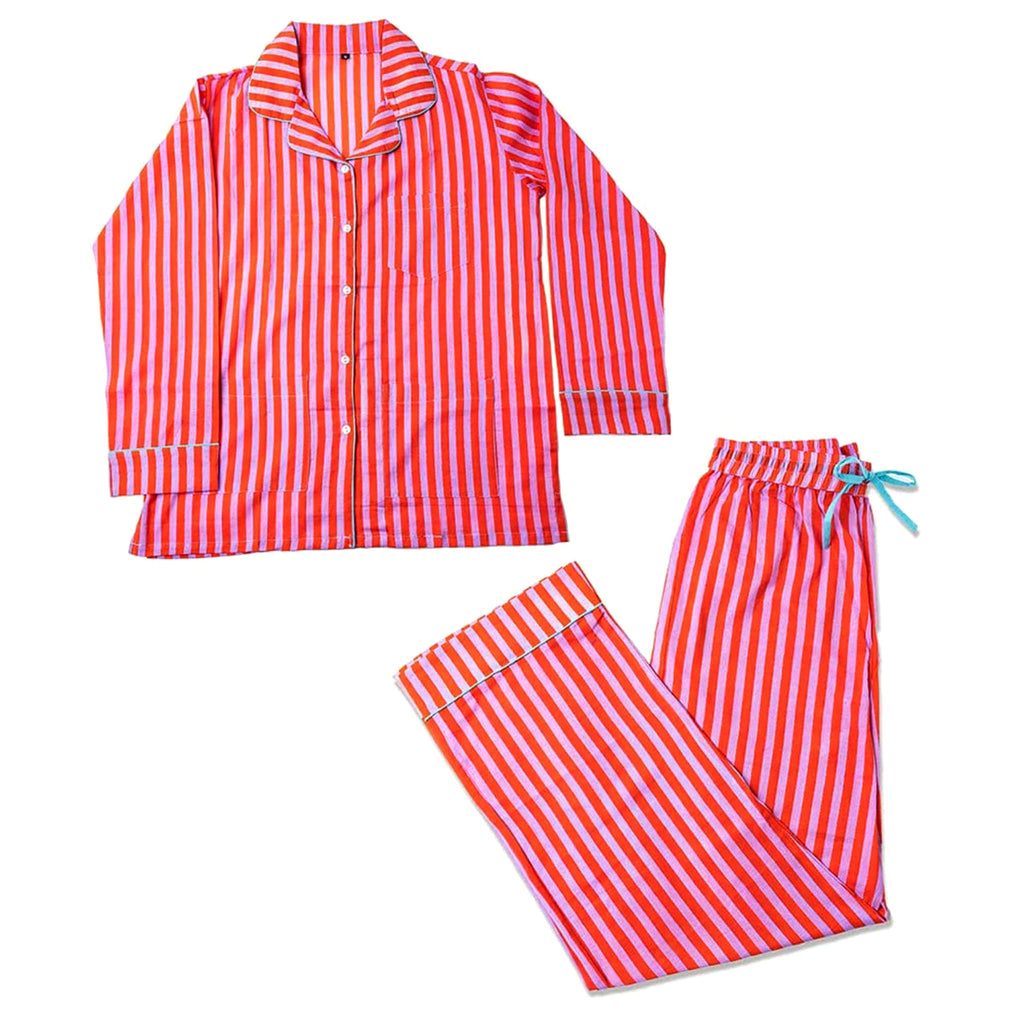 Red and lilac striped pajama set with blue drawstring on a white background.