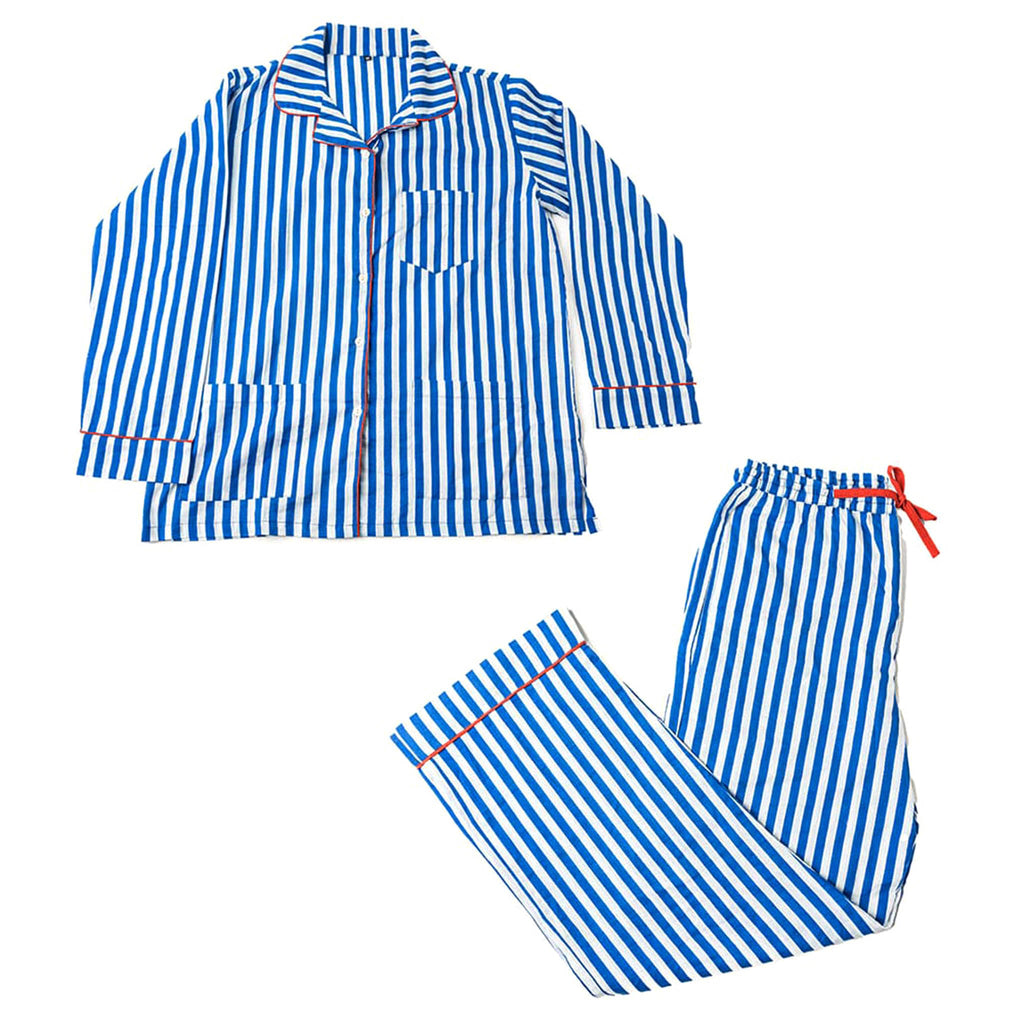 Blue and white striped pajama set with red accents on a white background.