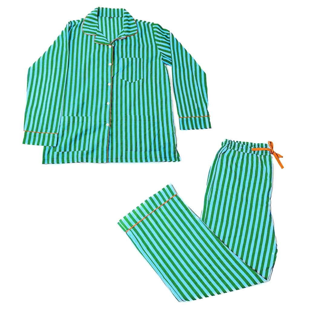 Green and blue striped pajama set with orange drawstring on a white background.