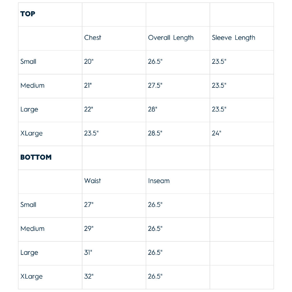 Size chart for pajamas with measurements in inches.