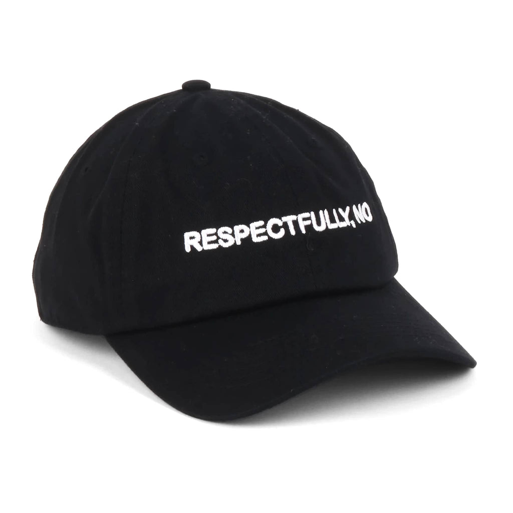 Black cap with 'RESPECTFULLY, NO' text on a white background.