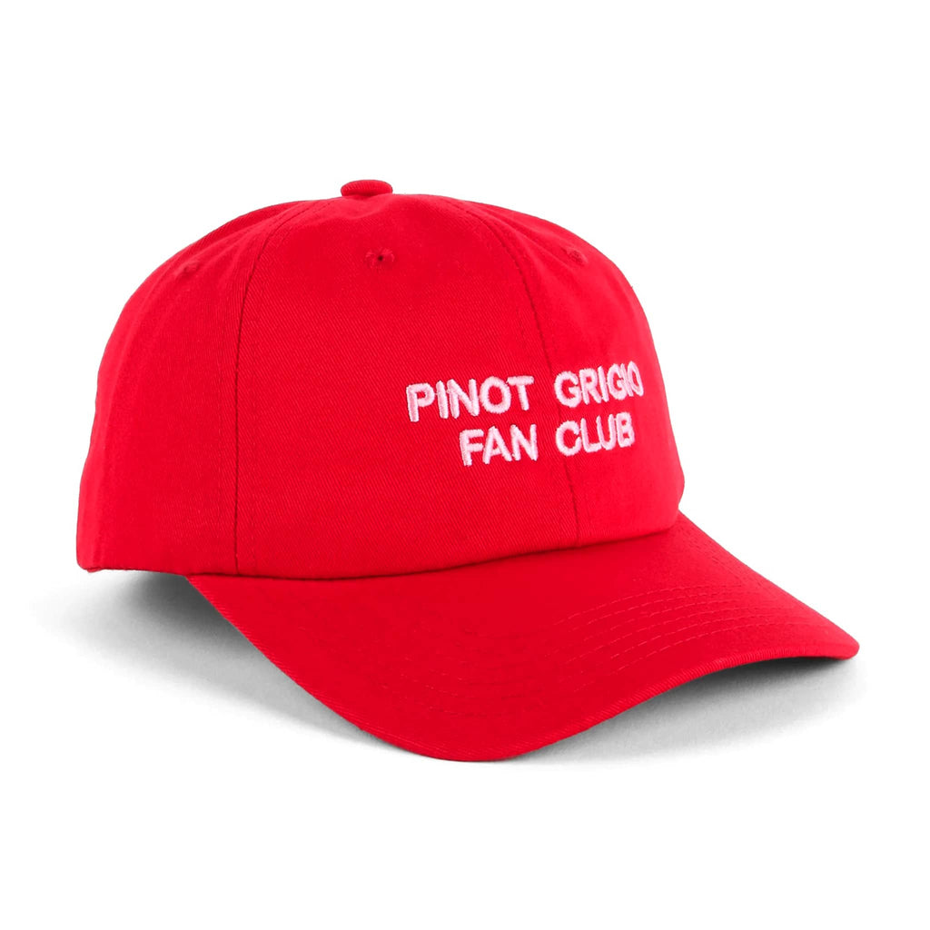 Red ball cap with "pinot grigio fan club" in pink embroidered lettering, on a white background.