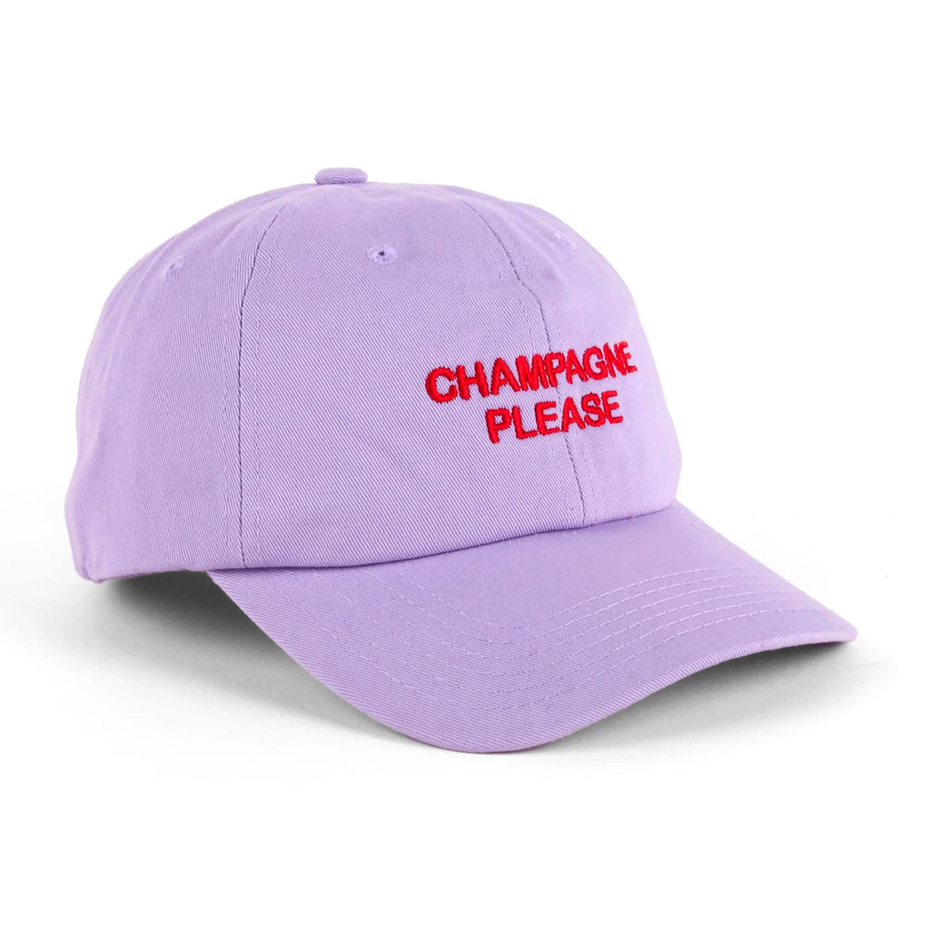 Lilac ball cap with "champagne please" in red embroidered lettering, on a white background.