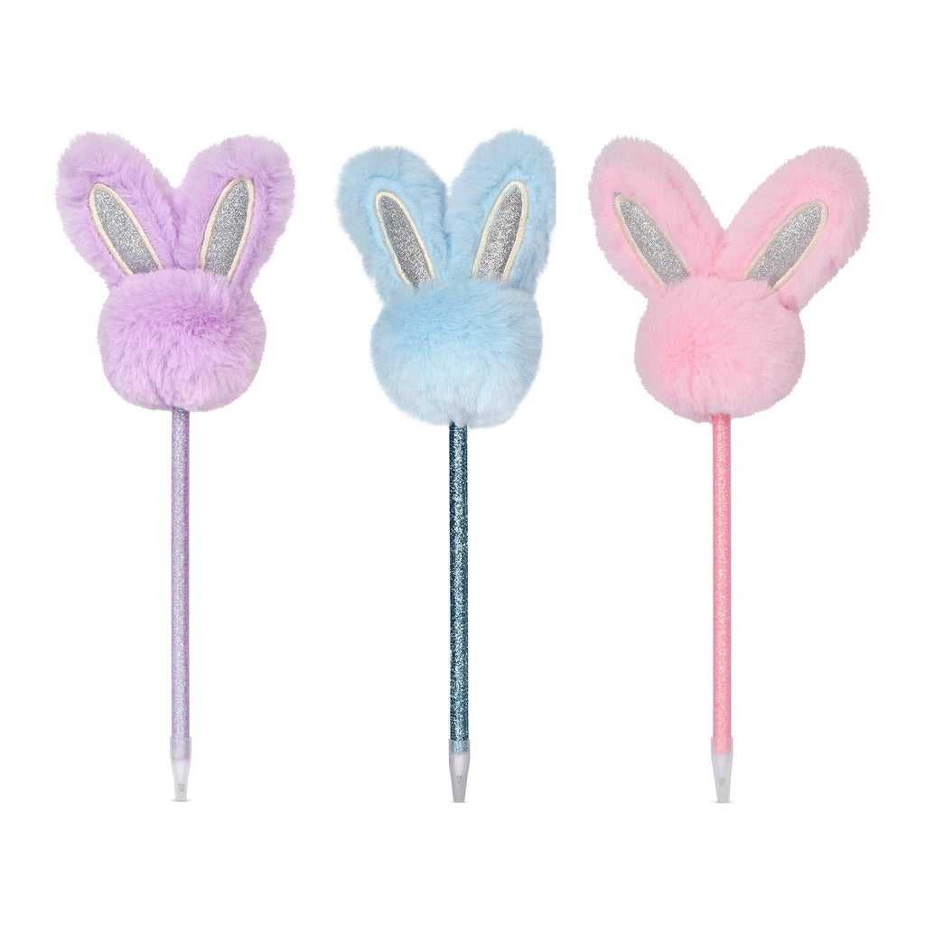 iScream glitter barrel pens with furry bunny heads on top in purple, blue and pink.