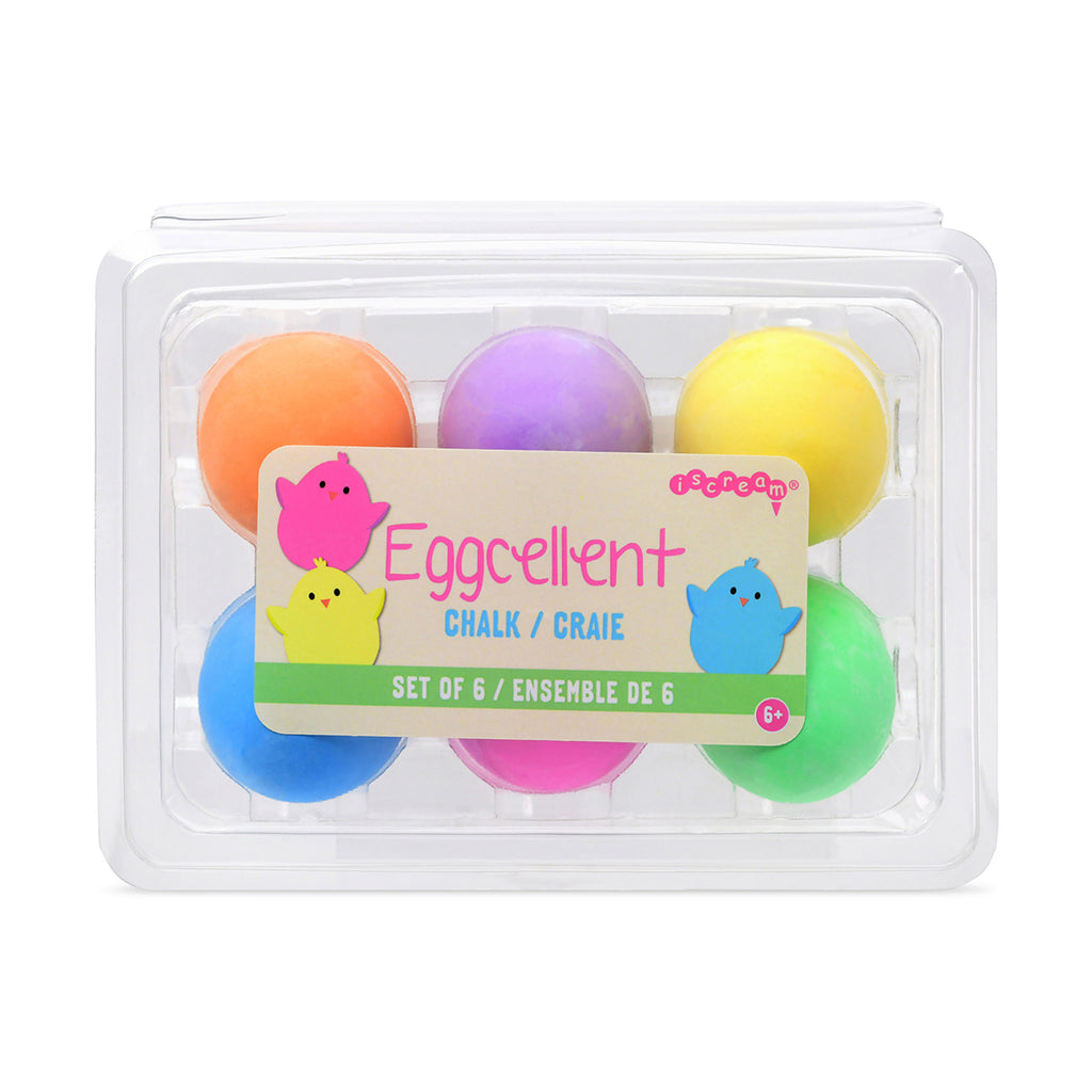 iScream Eggcellent Chalk set of 6 egg shaped colorful chalks in clear plastic egg carton packaging, top view.