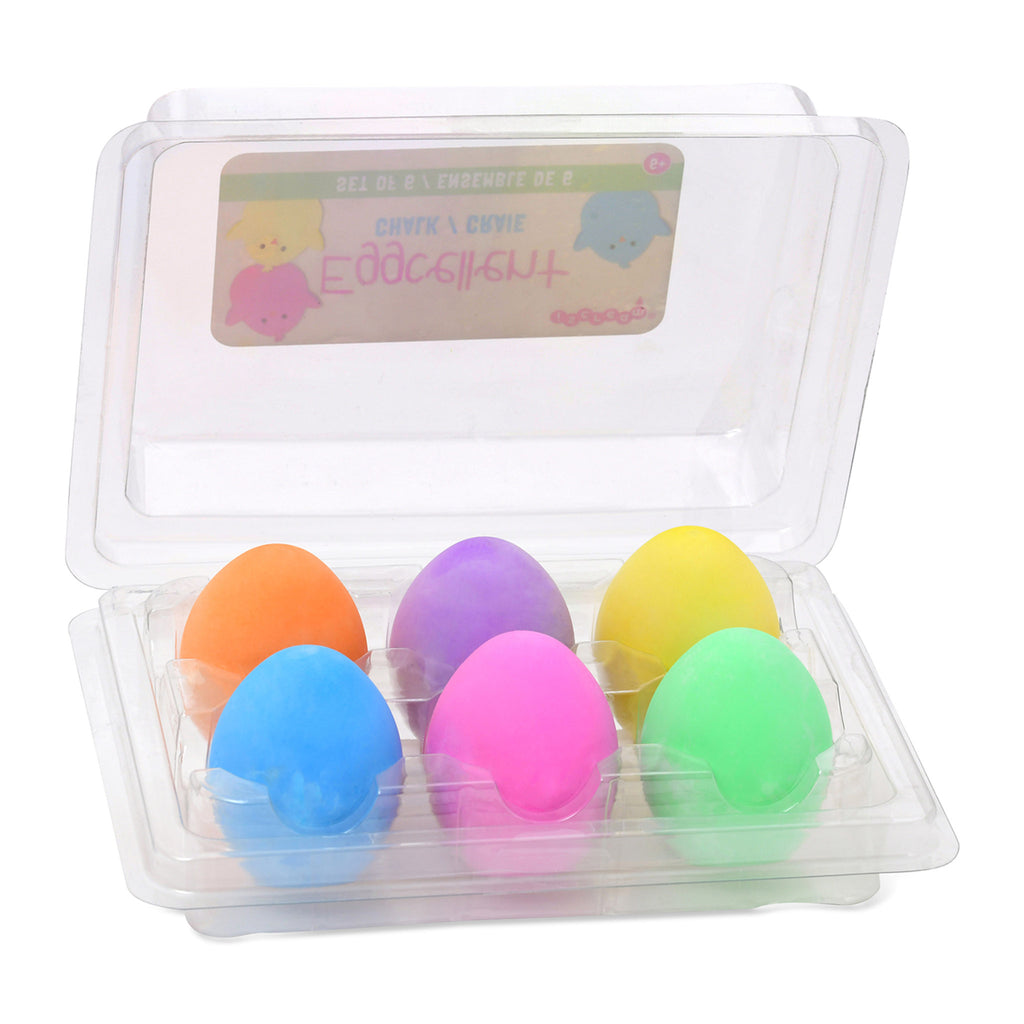 iScream Eggcellent Chalk set of 6 egg shaped colorful chalks in clear plastic egg carton packaging, lid open showing eggs inside.