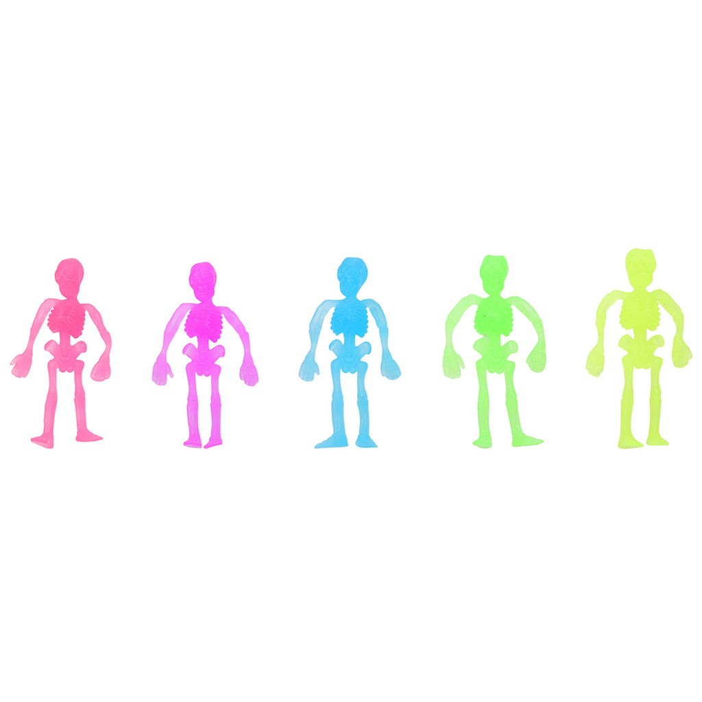 iscream skeleton stretch toy in 5 neon colors, all with arms down.