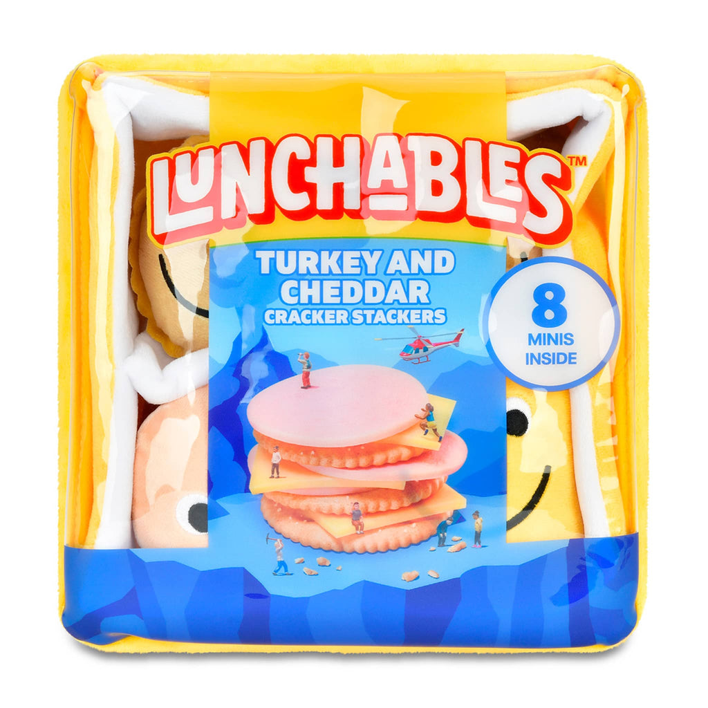 Lunchables Turkey and Cheddar packaging plush toy, front view, on a white background.