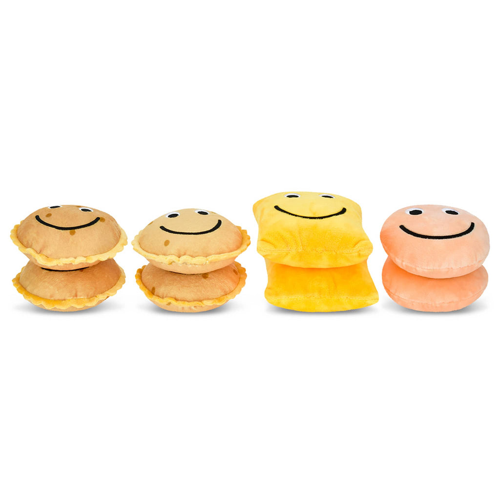 Lunchables Turkey and Cheddar packaging plush toy, contents of 4 mini plush crackers, 2 turkey slice and 2 cheese slices, stacked on a white background.