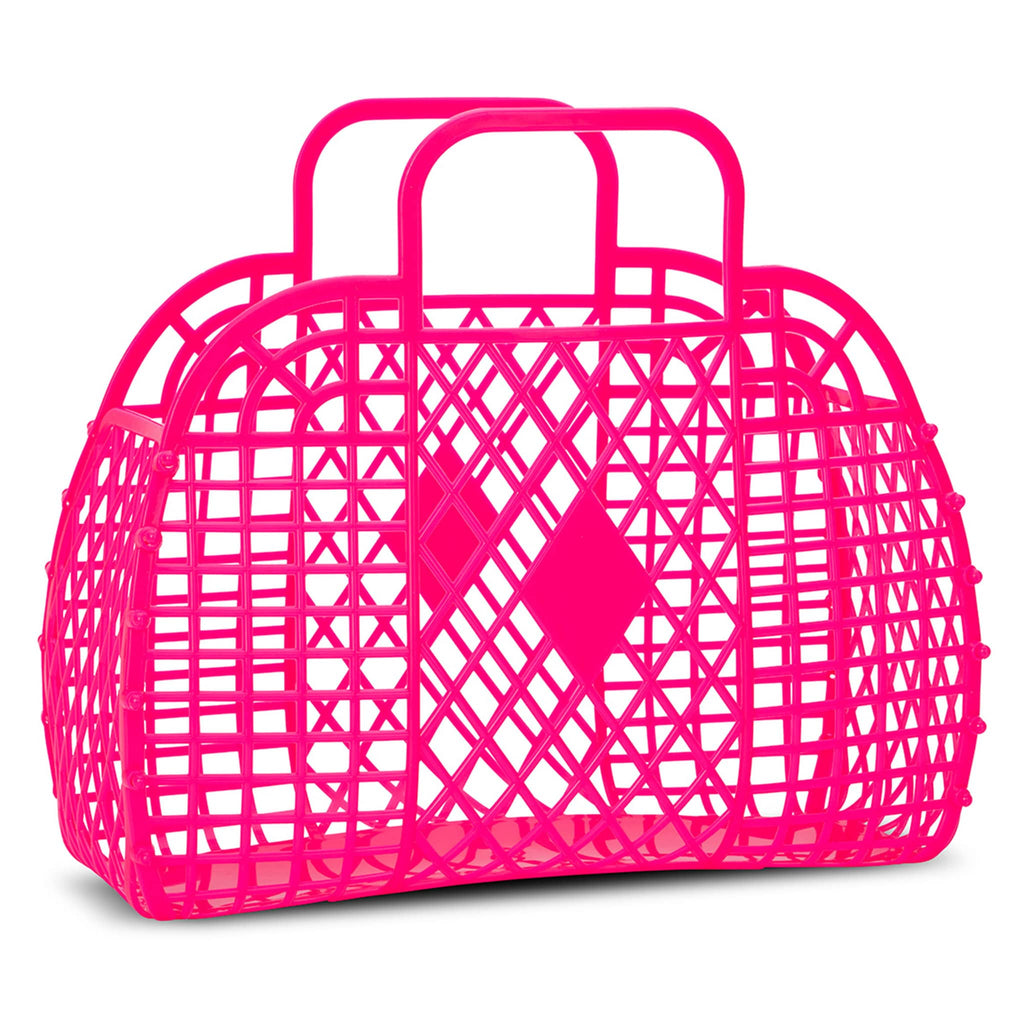 iScream large neon pink retro jelly handbag basket, front and side view.