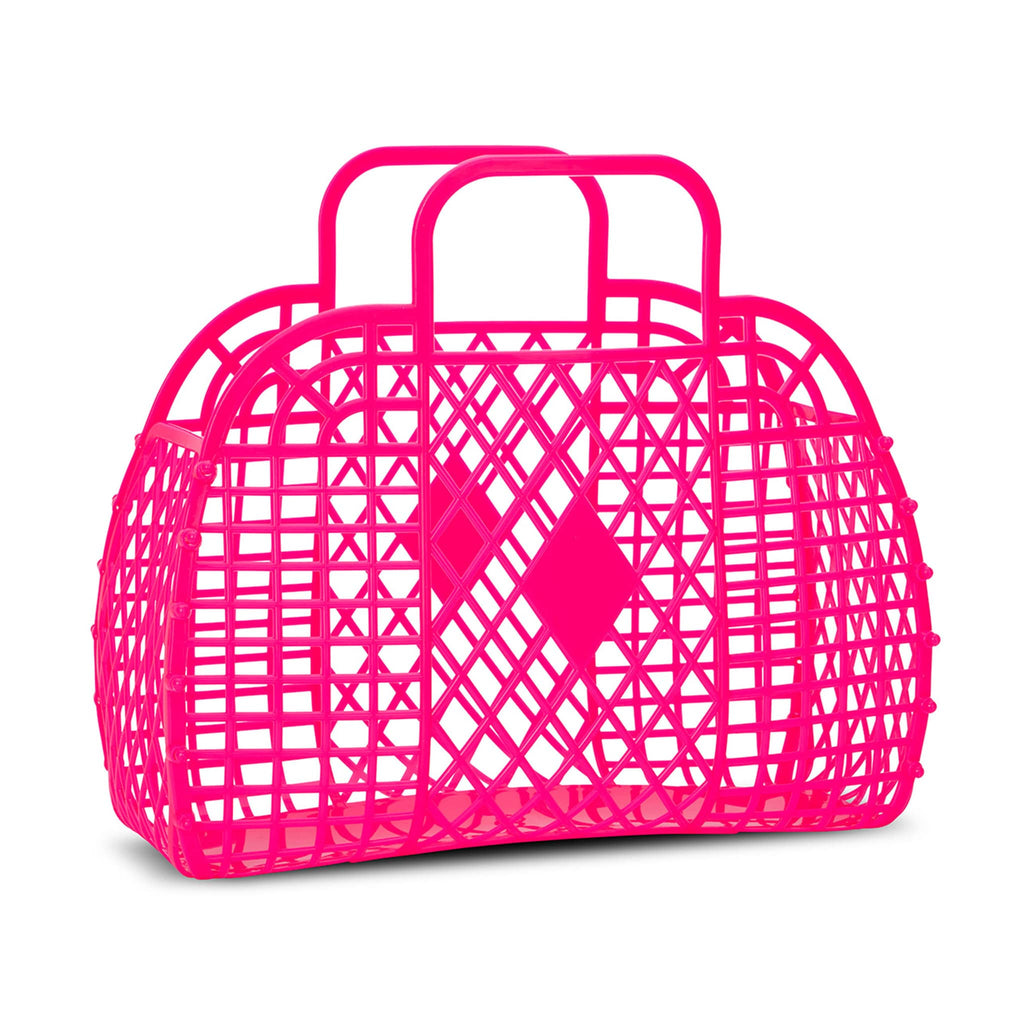 iScream small neon pink retro jelly handbag basket, front and side view.