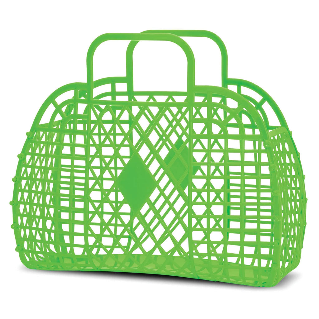 iScream large green retro jelly handbag basket, front and side view.