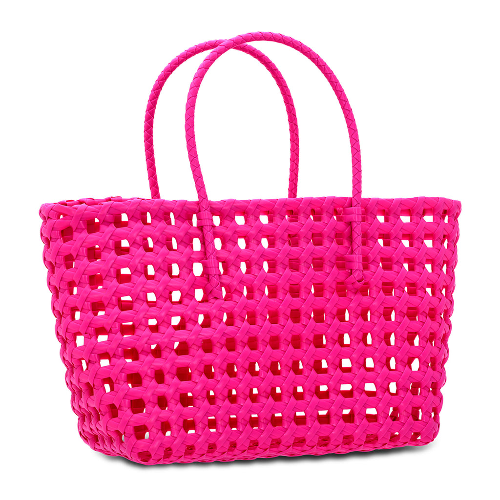 iScream Small pink plastic woven tote bag with handles, front and side angle.