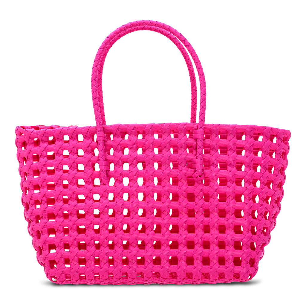 iScream Small pink plastic woven tote bag with handles, front view.