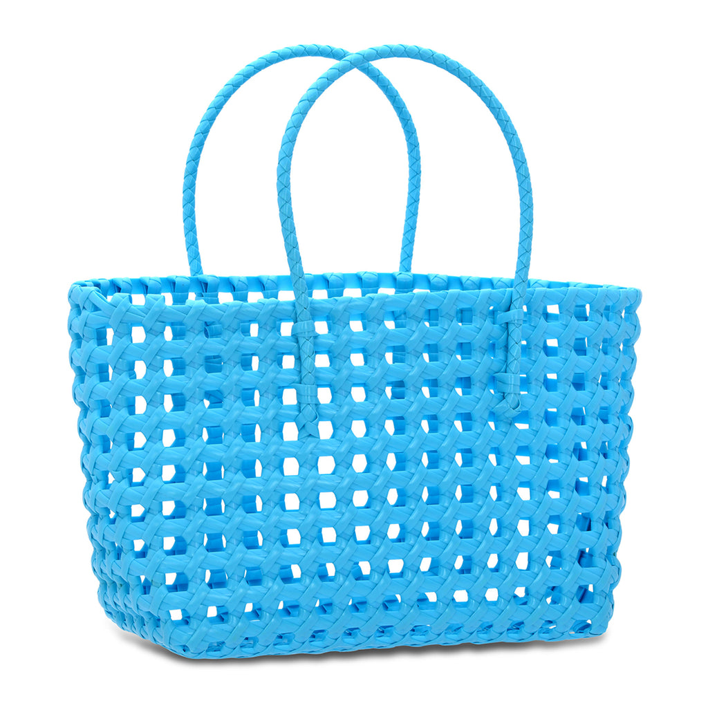 iScream Small blue plastic woven tote bag with handles, front and side angle.