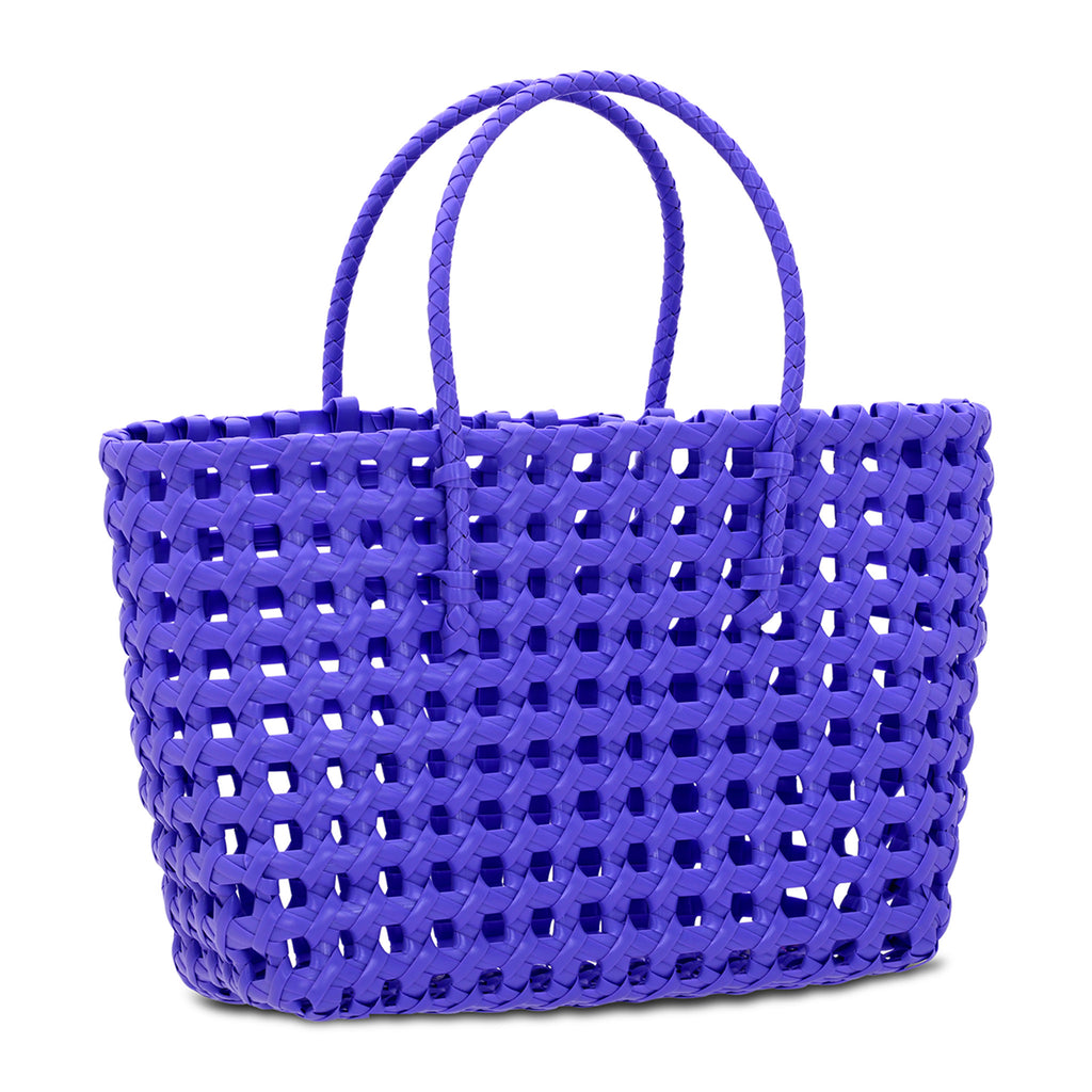 iScream Small purple plastic woven tote bag with handles, front and side angle.