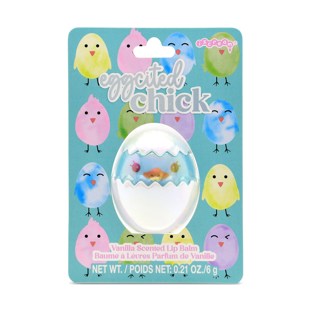 iScream Eggcited Chick vanilla scented lip balm in egg shaped plastic container  in blister card packaging with chick illustrations.