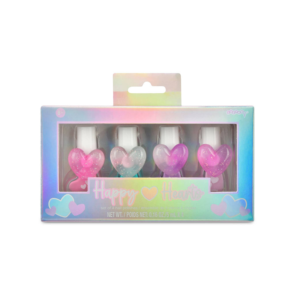 iScream Happy Hearts set of 4 mini nail polishes in heart-shaped bottles with matching plastic adjustable rings, in box packaging, front view.