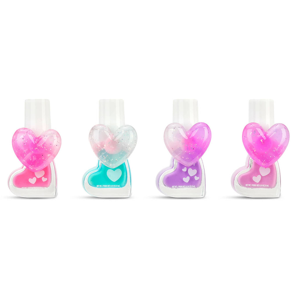 iScream Happy Hearts set of 4 mini nail polishes in heart-shaped bottles with matching plastic adjustable rings, lined up.