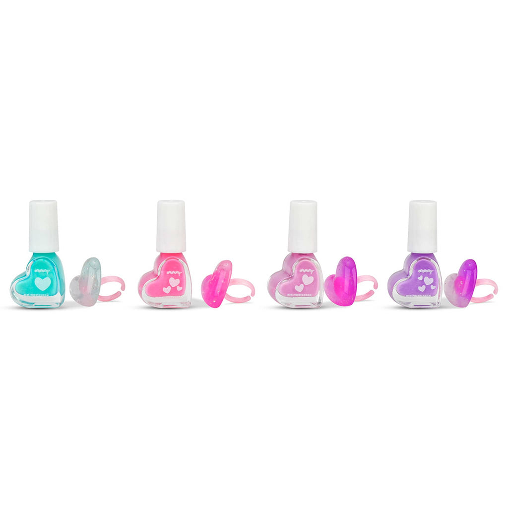 iScream Happy Hearts set of 4 mini nail polishes in heart-shaped bottles with matching plastic adjustable rings sitting beside each bottle.