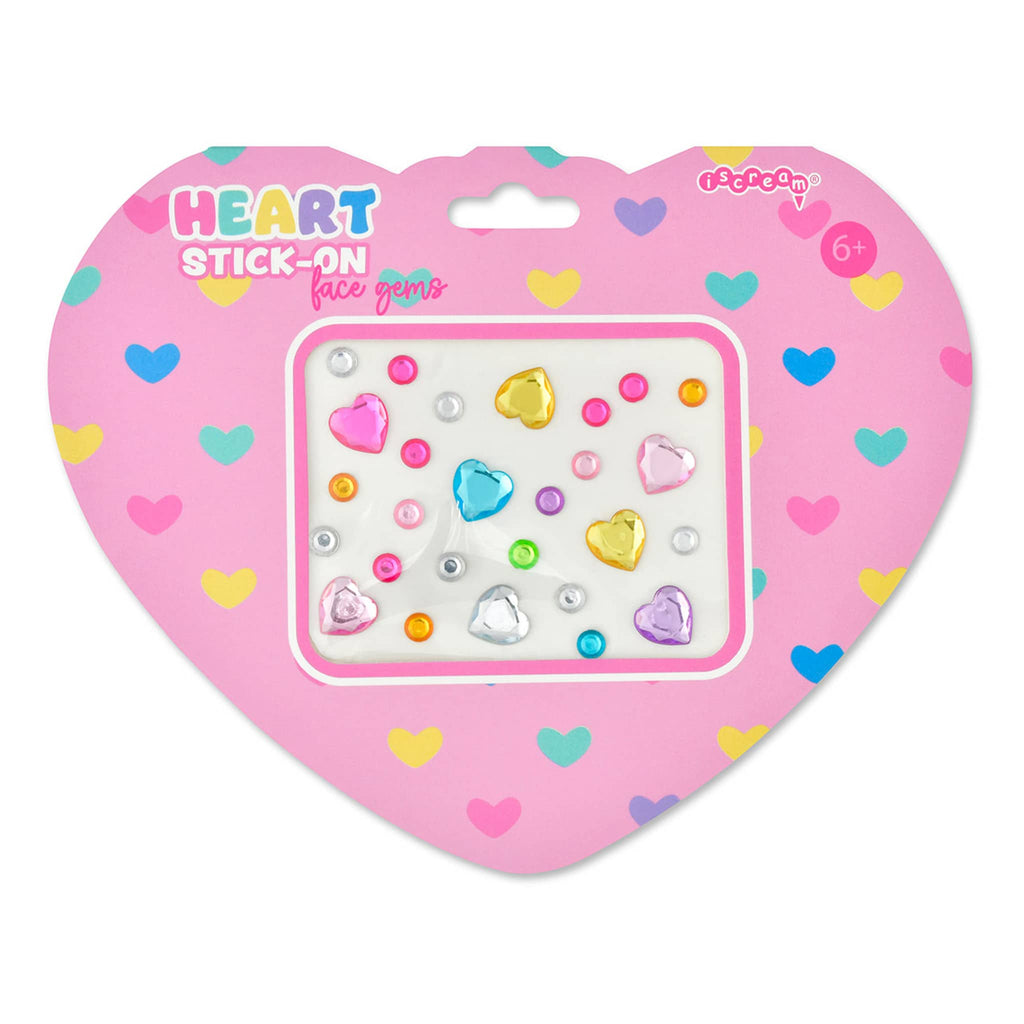 iScream Happy Heart Stick-On Face Gems in pink heart shaped blister card packaging.