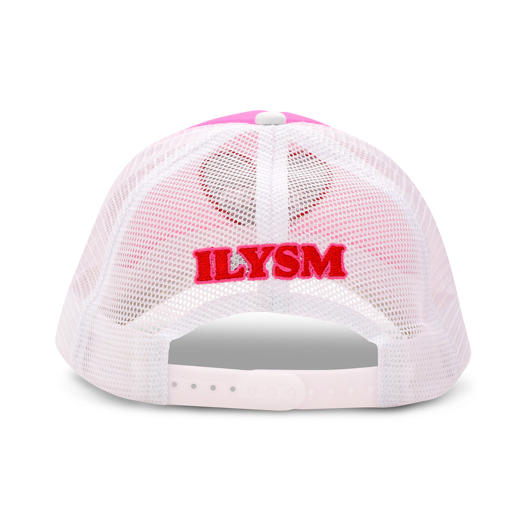 iScream ILYSM white trucker hat with "ILYSM" in red and pink lettering, back view.