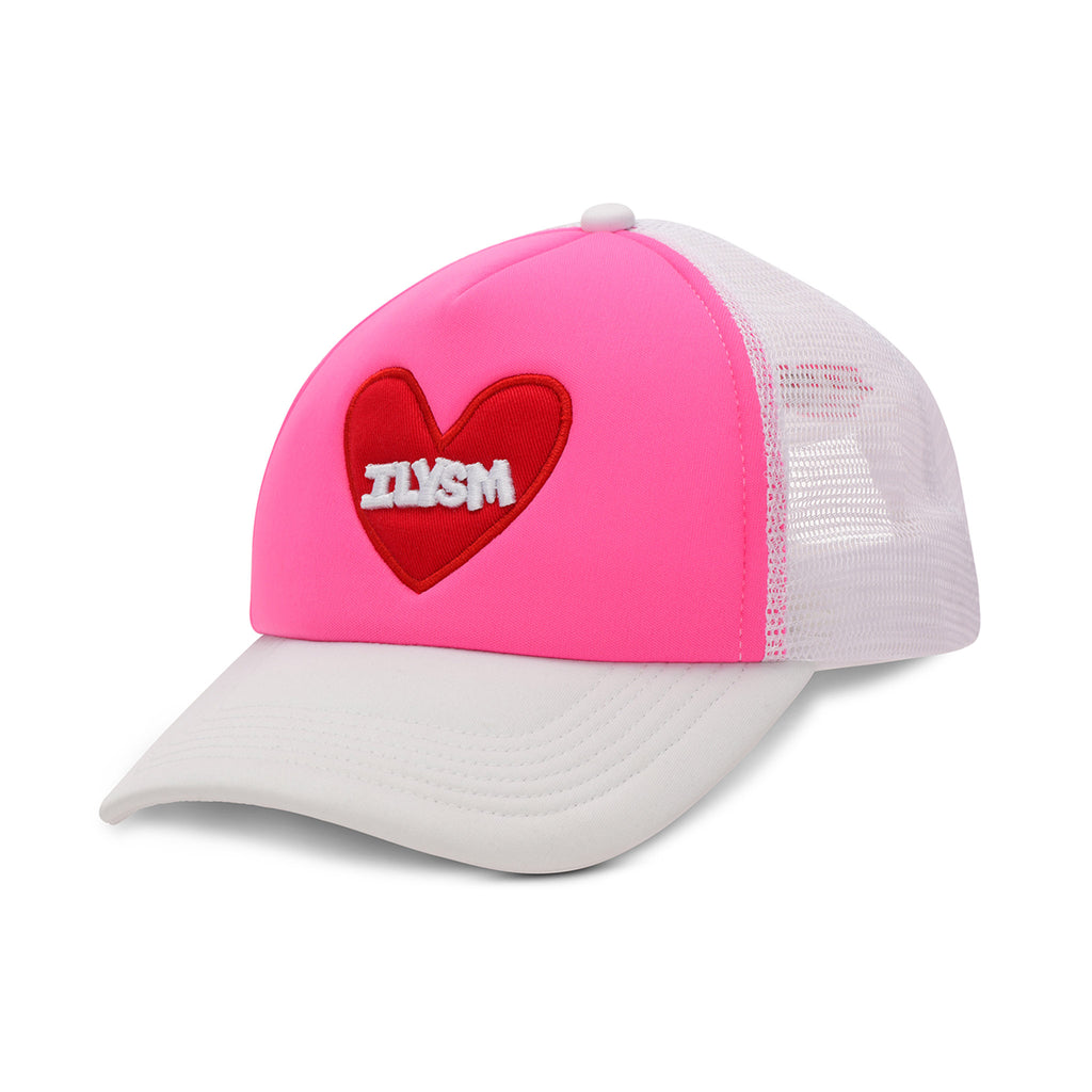 iScream ILYSM white trucker hat with pink front panel and red embroidered heart with "ILYSM" in white lettering, side view.
