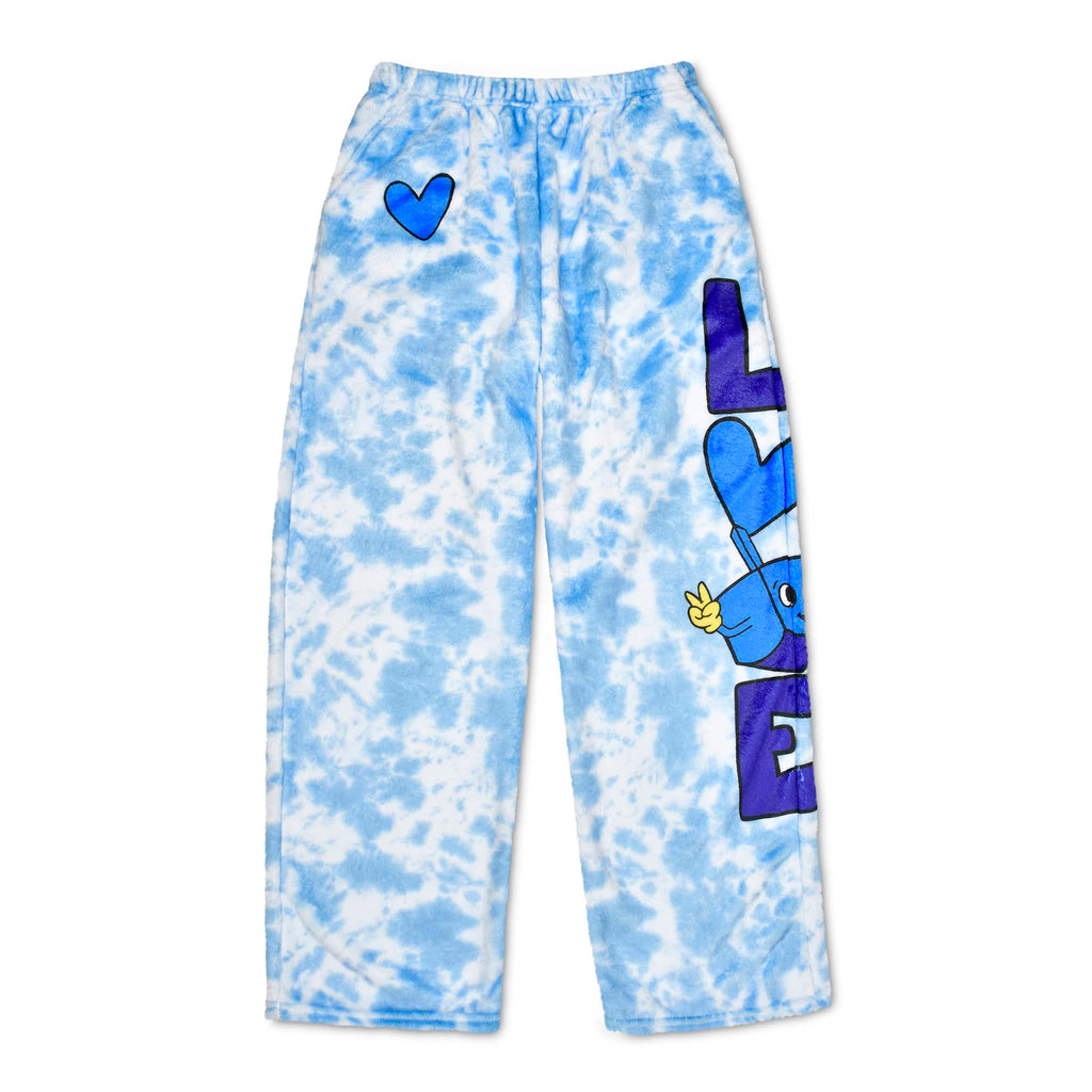 Blue and white tie-dye pants with 'LOVE' graphic on a white background.