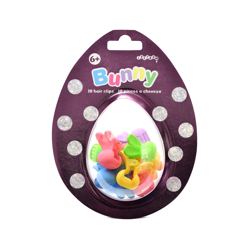 iScream Mini Bunny Hair Clips, set of 10 in rainbow colors in egg-shaped bubble card packaging, front view.