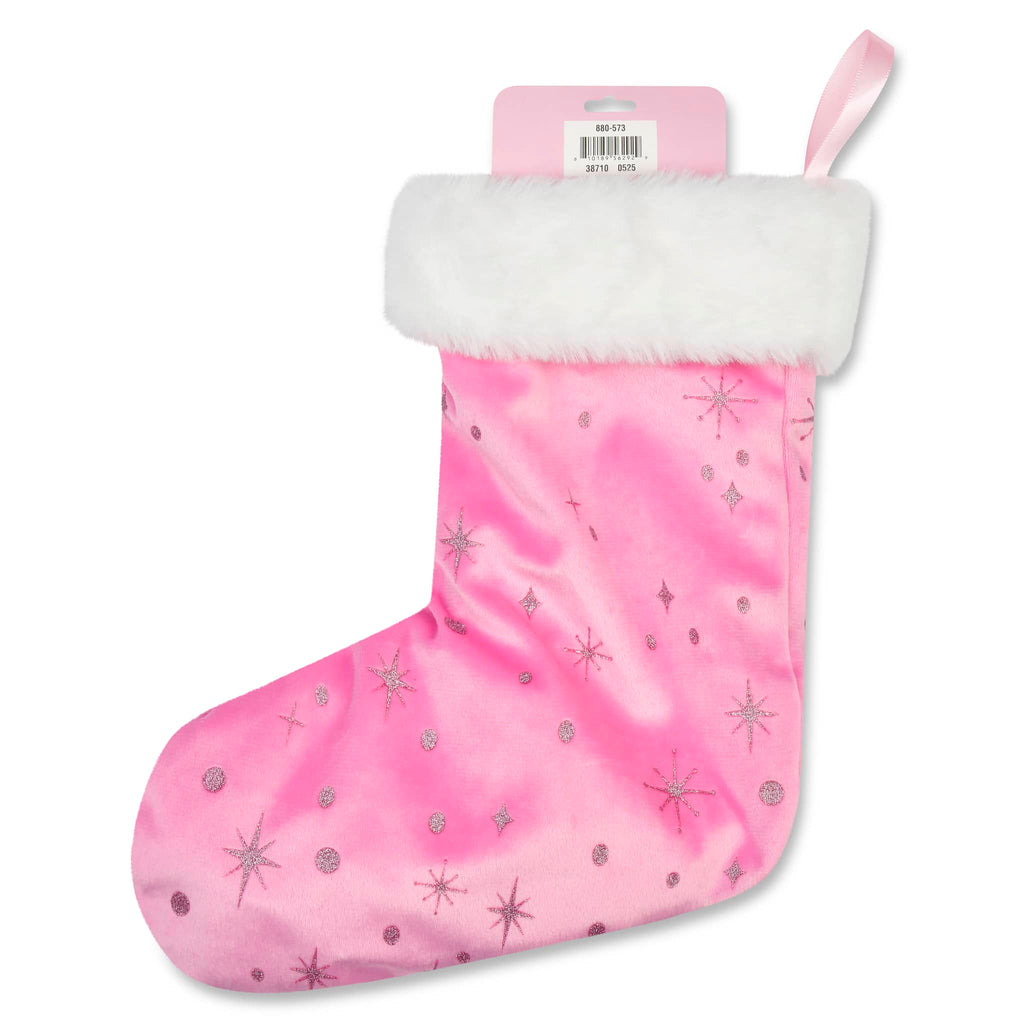 Pink Christmas stocking with glittery stars on a white background.
