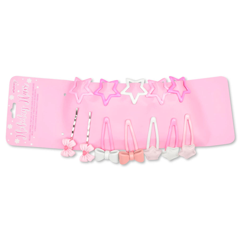 Set of pink and white hair accessories including stars and bows on a white background.