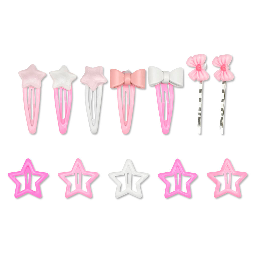 Set of pink and white hair accessories including stars and bows on a white background.