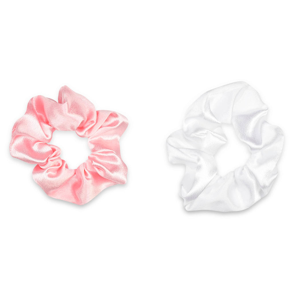 Pink and white satin scrunchies on a white background.