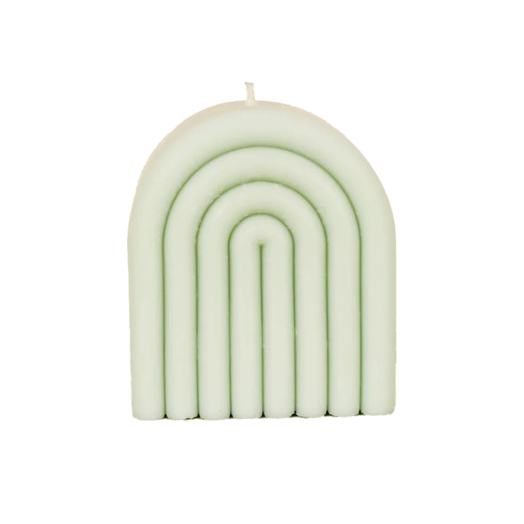 JaxKelly aloe green short hand-molded arch unscented soy wax candle, front view.