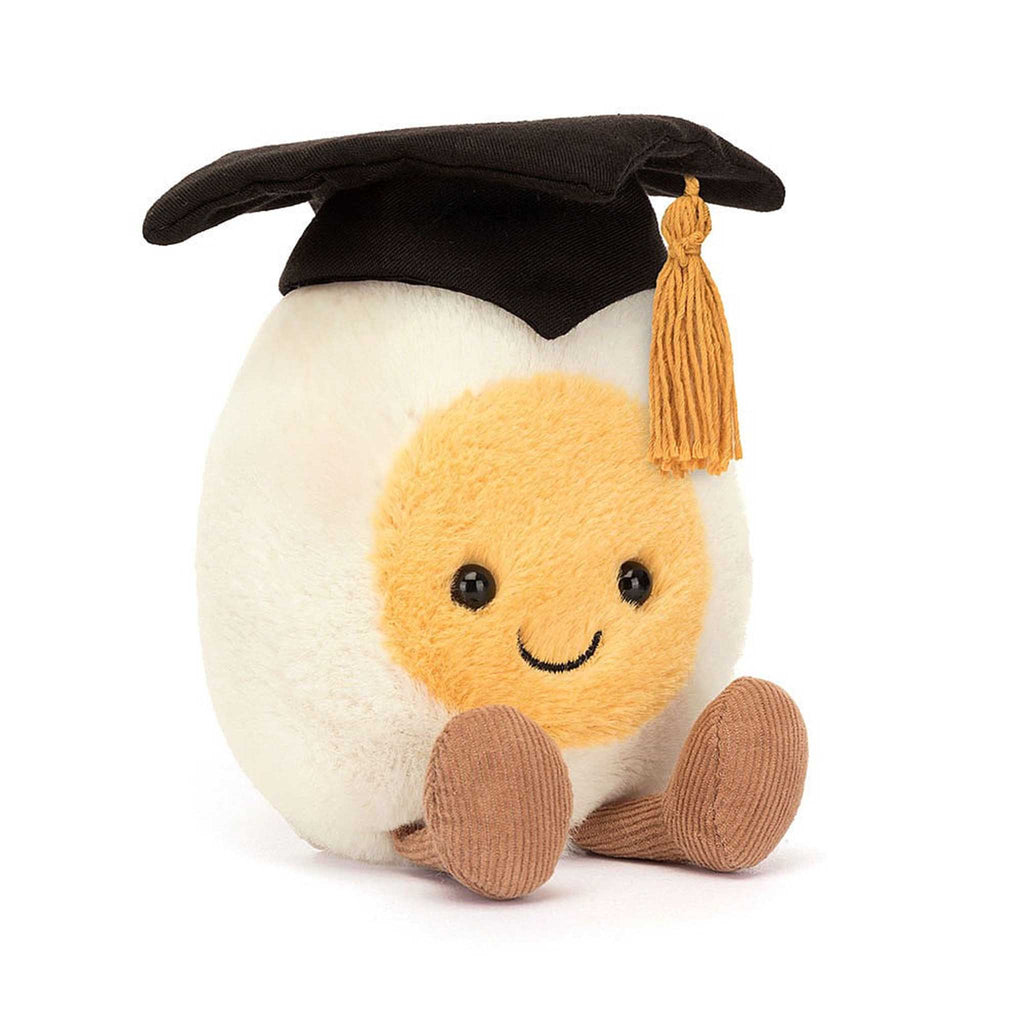 jellycat amuseables boiled egg with graduation cap, front view.