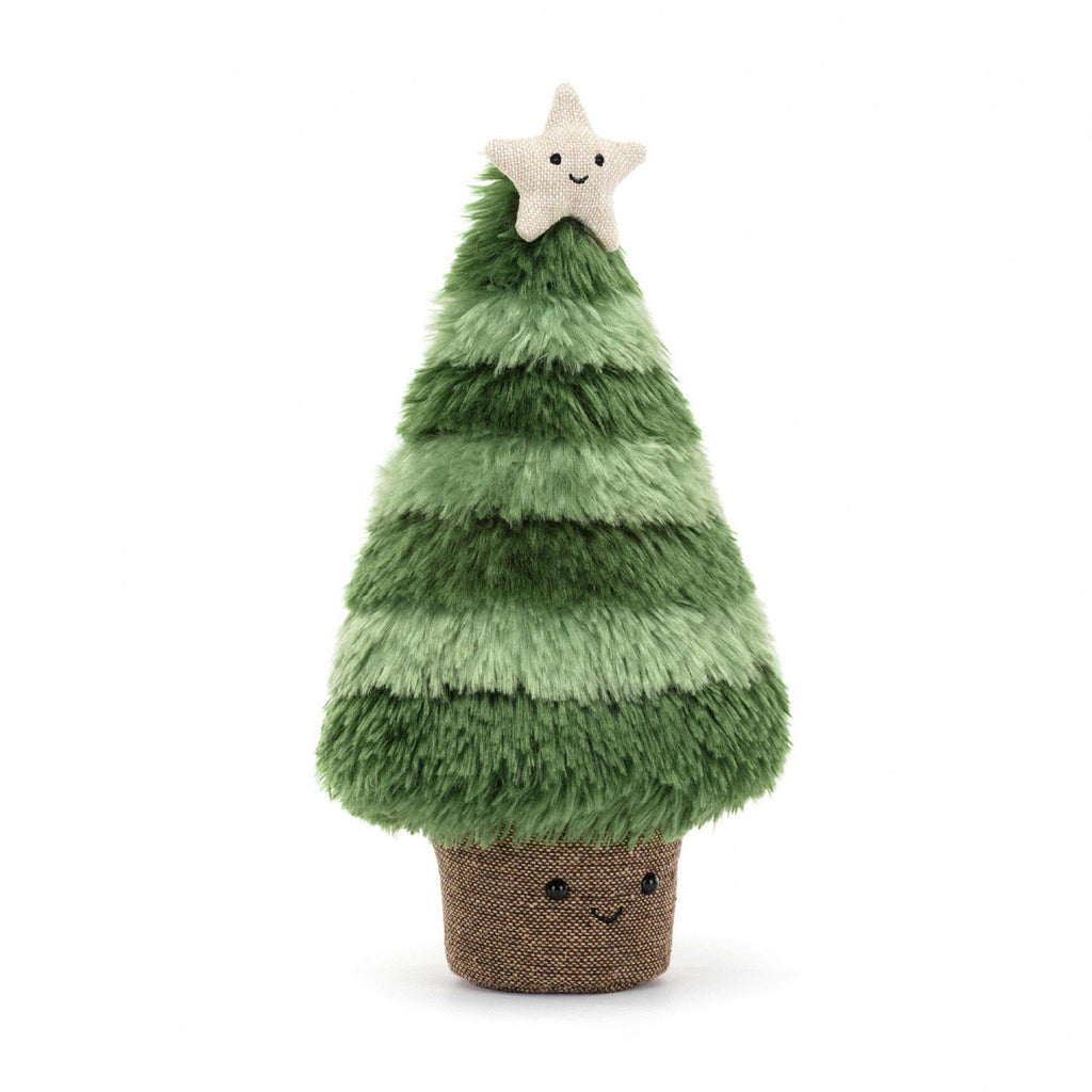 Jellycat Small Amuseable Nordic Spruce Christmas tree with two-tone green fur, a white linen star on the top and a brown linen base, front view.