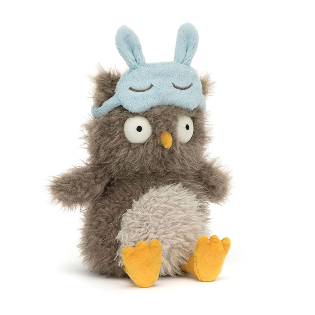 Jellycat Audrey Hootsoftly owl with bunny eye mask plush toy, front view.