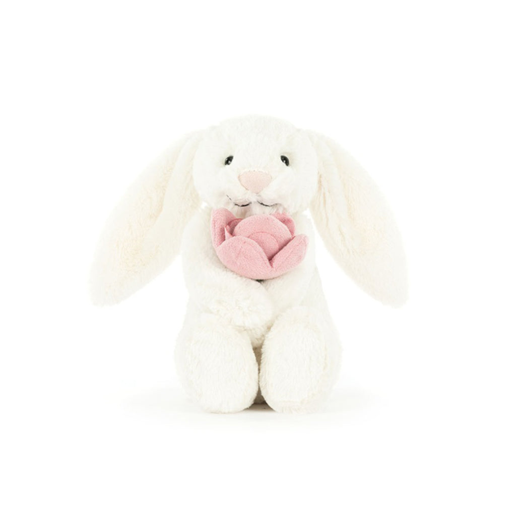 Jellycat Bashful Bunny with pink peony, front view.