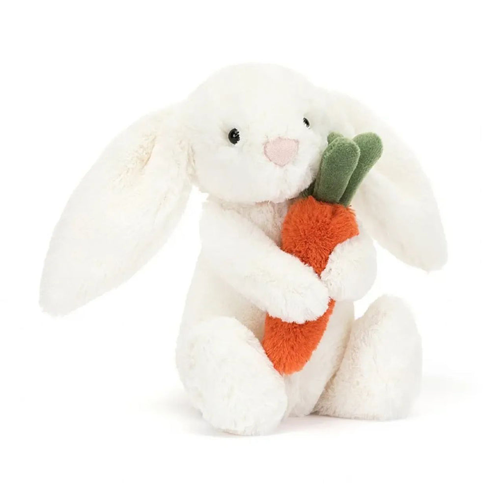 Jellycat Little Bashful Bunny with carrot, front angle view.