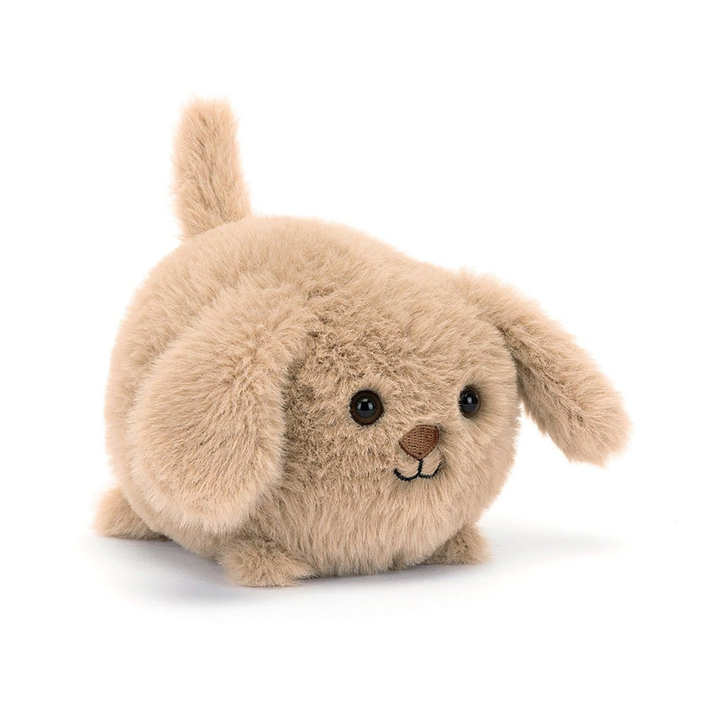 Jellycat Caboodle Puppy plush toy with tan fur, black bead eyes and stitched nose and smile, front view.