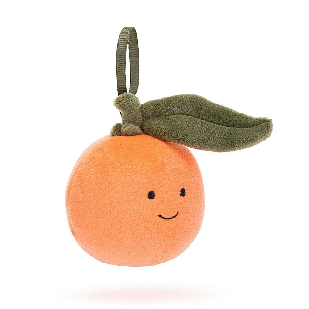 Jellycat Festive Folly Clementine holiday plush ornament, front view.