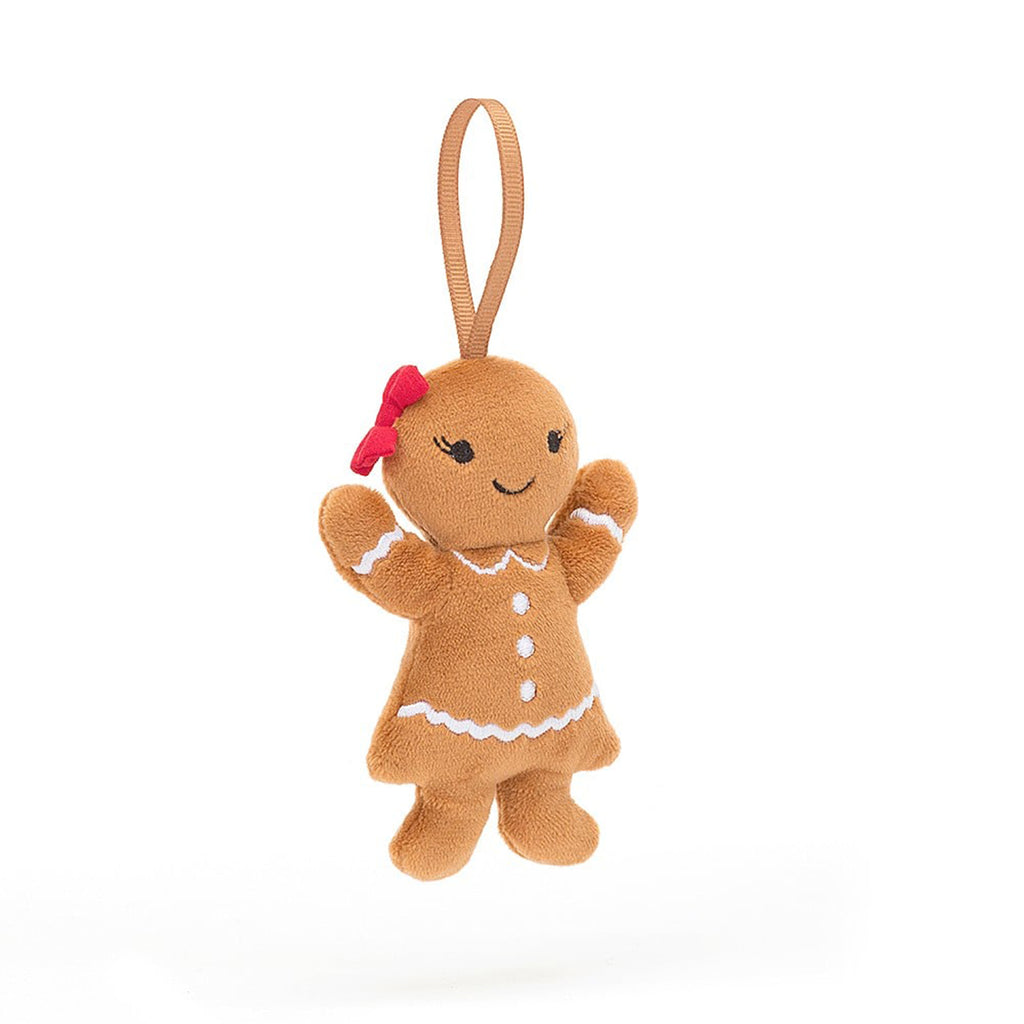 Jellycat Festive Folly Gingerbread Ruby holiday plush ornament, front view.