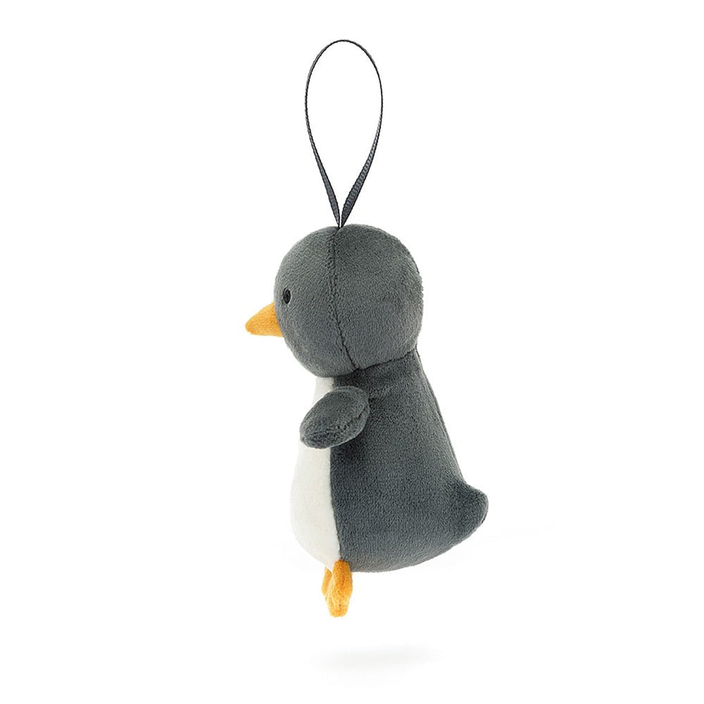 Jellycat Festive Folly Penguin plush ornament, side view.