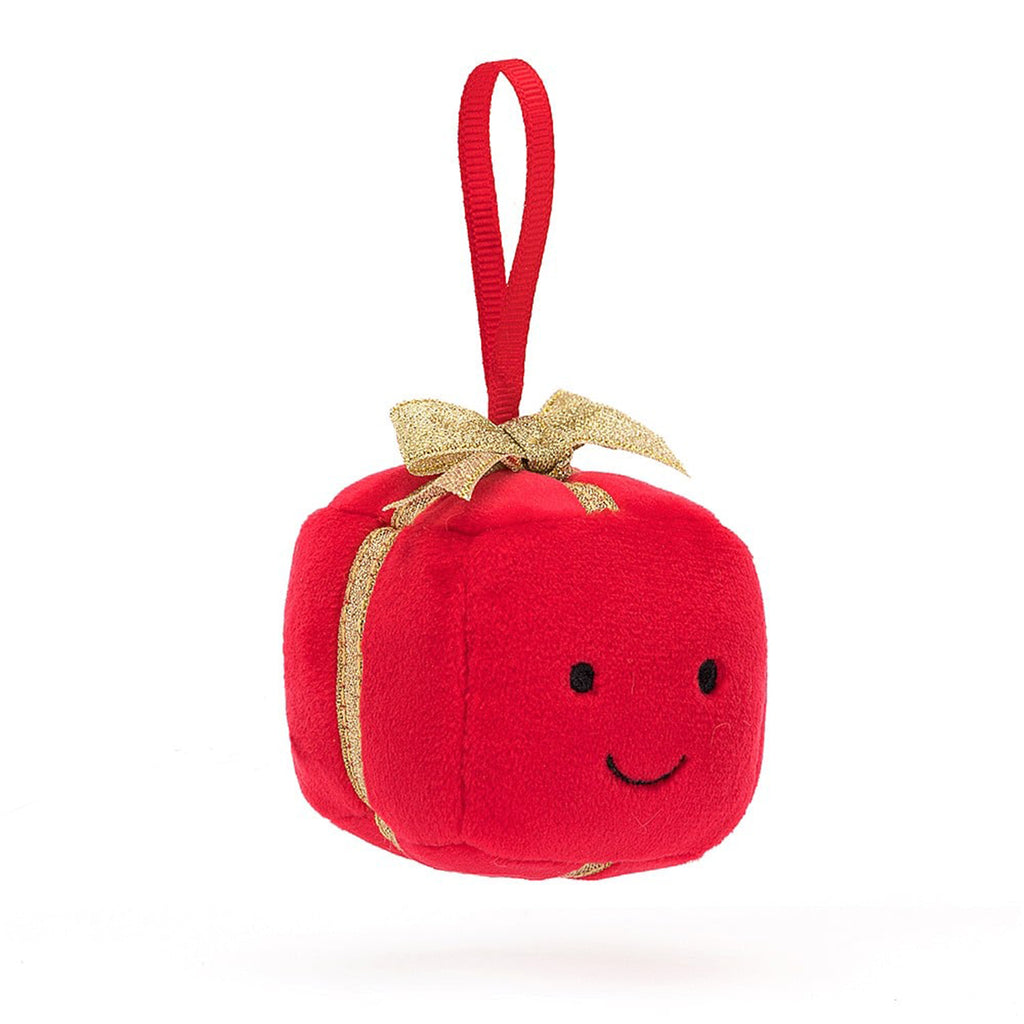 Jellycat Festive Folly Present holiday plush ornament, front view.