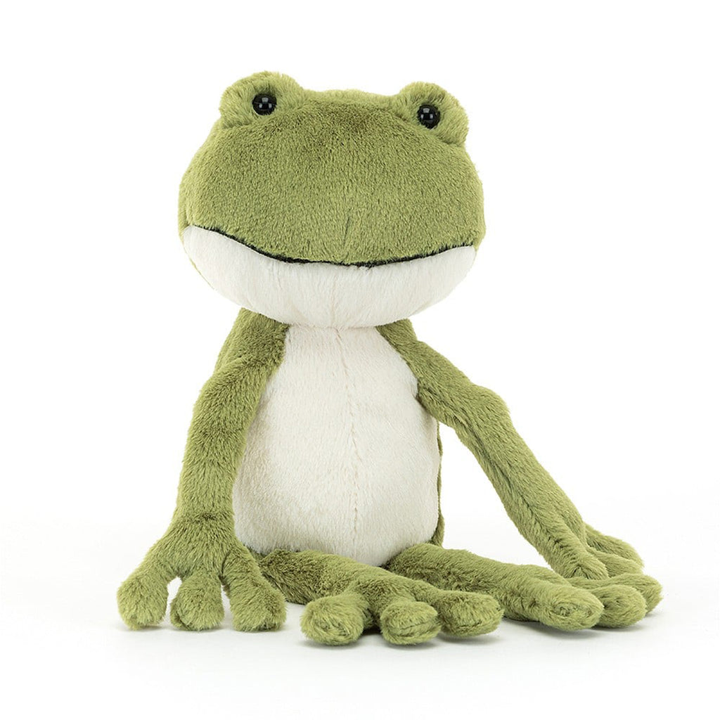 Jellycat Finnegan Frog plush toy in sitting position, front view.