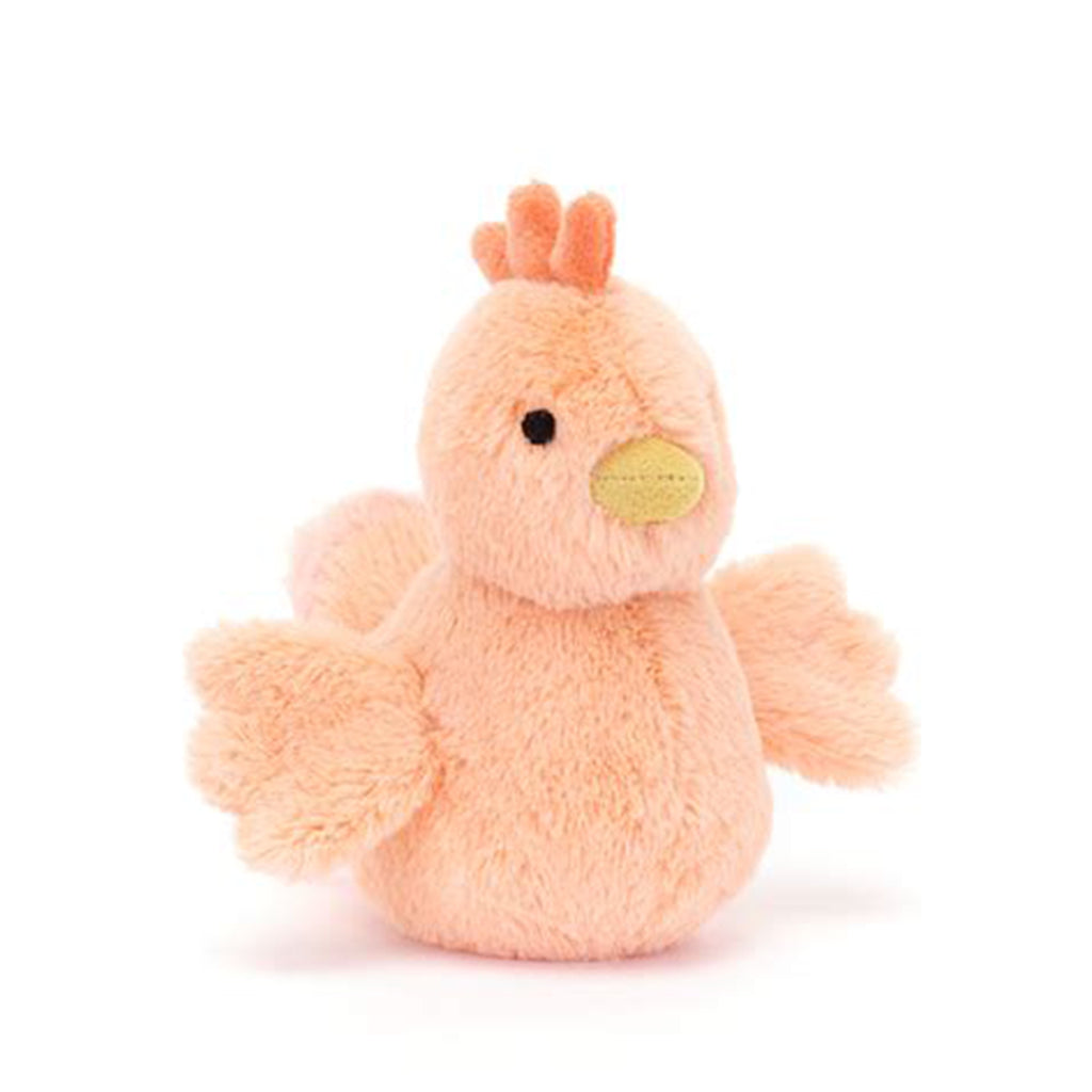 Jellycat Fluffy Chicken plush toy, front angle view.