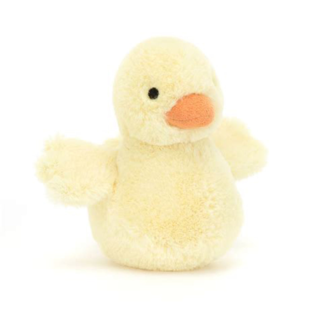 Jellycat Fluffy Duck plush toy, front angle view.