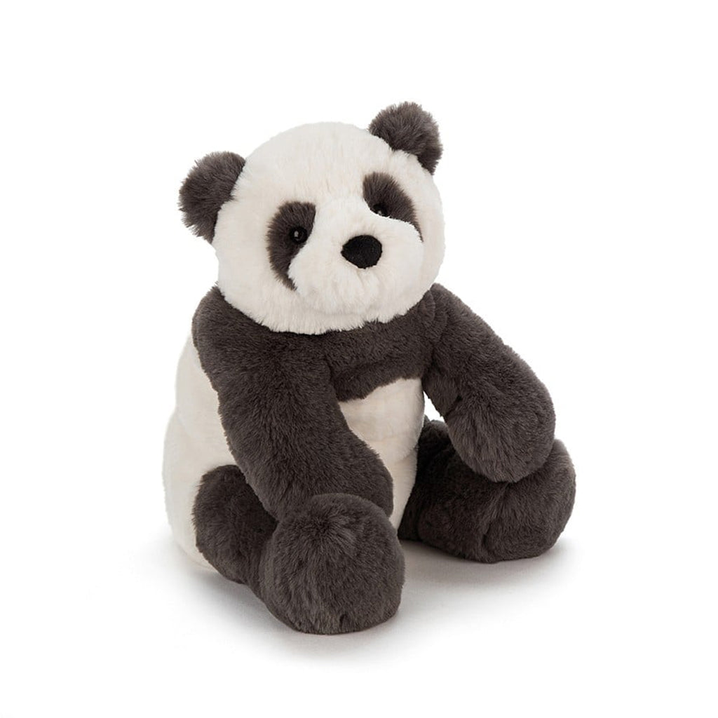 Jellycat Medium Harry Panda Cub plush toy in sitting position, front view.